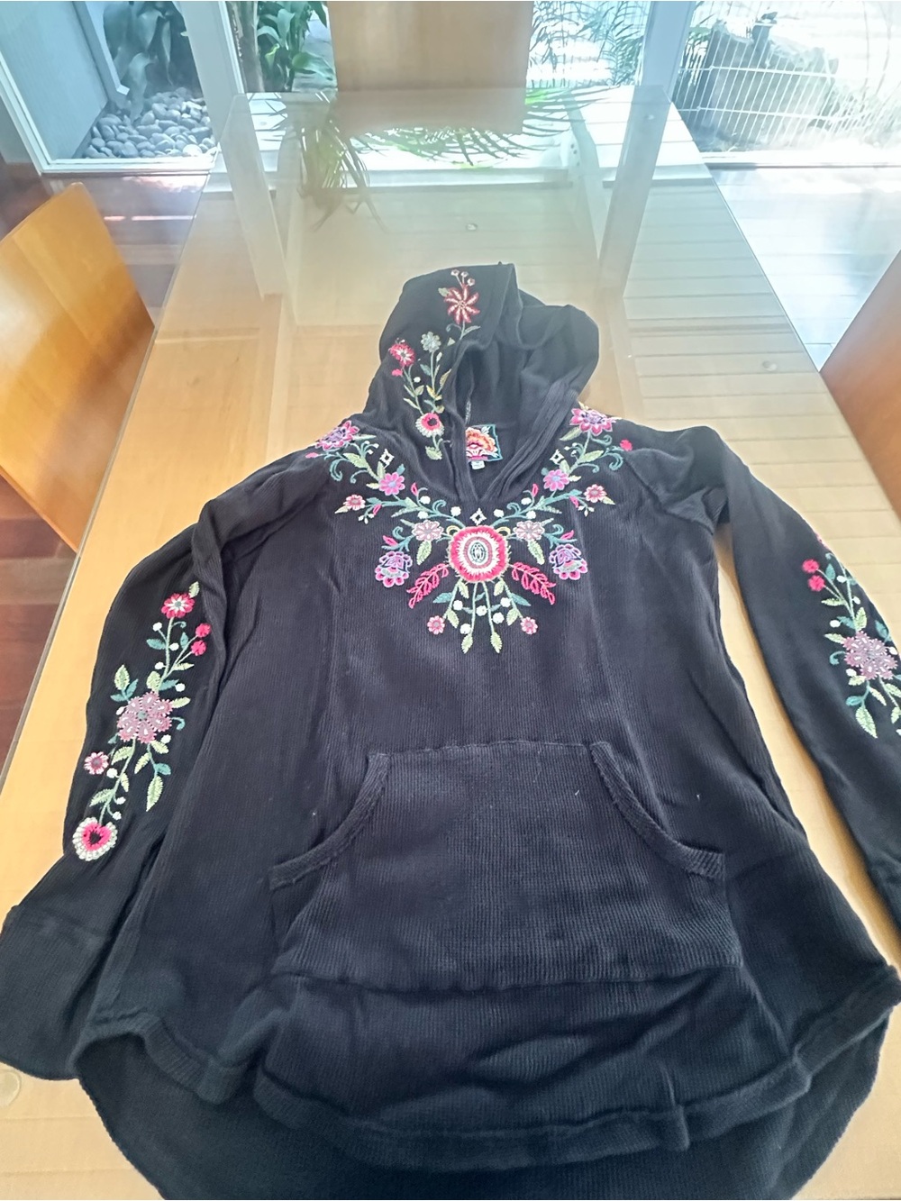 Johnny Was Black Hooded Sweatshirt with Pink & Green Floral Embroidery